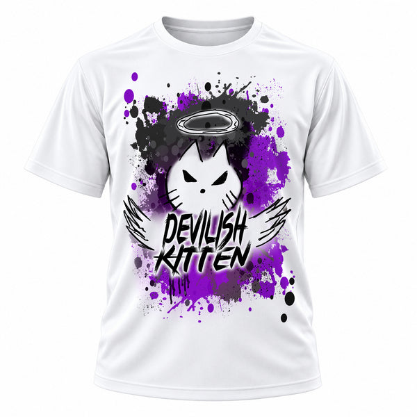 Personalized Devil Kitten Logo T-Shirt, front-view T-shirt mockup featuring custom Air-Volution artwork by Mythic Airbrush
