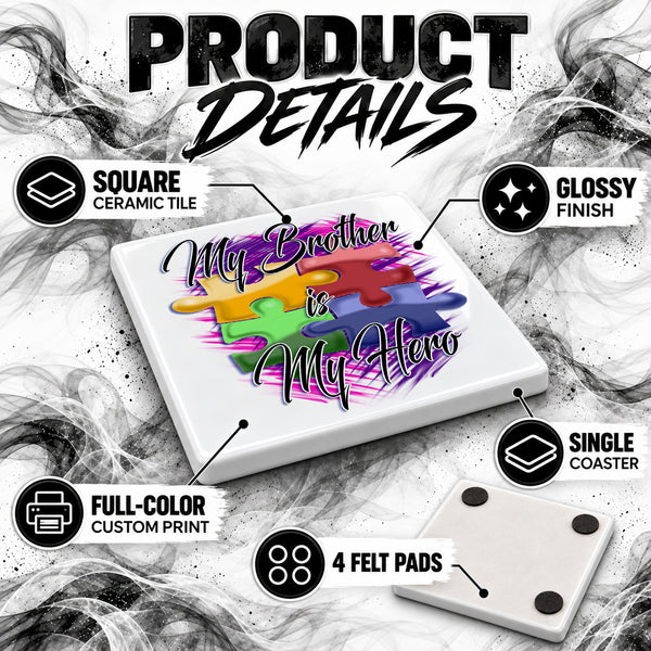 H051 Autism Awareness Puzzle Pieces ceramic coaster by Mythic Airbrush, original Air-Volution design — product image 3