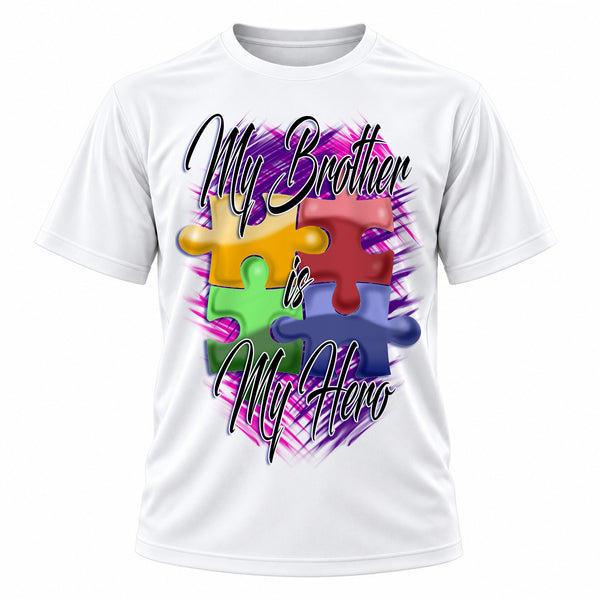 Autism awareness puzzle-piece artwork on personalized graphic T-shirt, Mythic Airbrush design H051