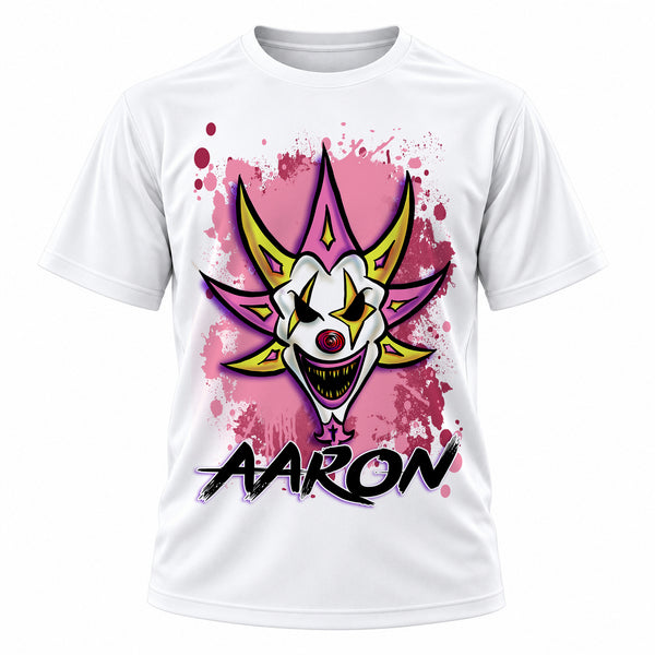Personalized Wicked Clown T-Shirt, front-view T-shirt mockup featuring custom Air-Volution artwork by Mythic Airbrush