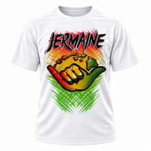 Personalized Shaka Logo T-Shirt, front-view T-shirt mockup featuring custom Air-Volution artwork by Mythic Airbrush