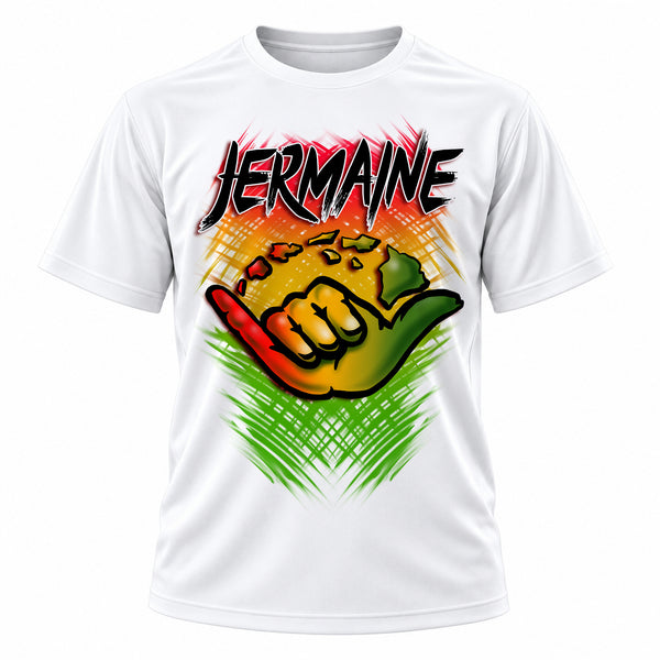 Personalized Shaka Logo T-Shirt, front-view T-shirt mockup featuring custom Air-Volution artwork by Mythic Airbrush