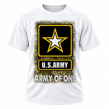 Military service-inspired emblem on personalized graphic T-shirt, Mythic Airbrush design H056