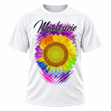 Personalized Sunflower T-Shirt, front-view T-shirt mockup featuring custom Air-Volution artwork by Mythic Airbrush