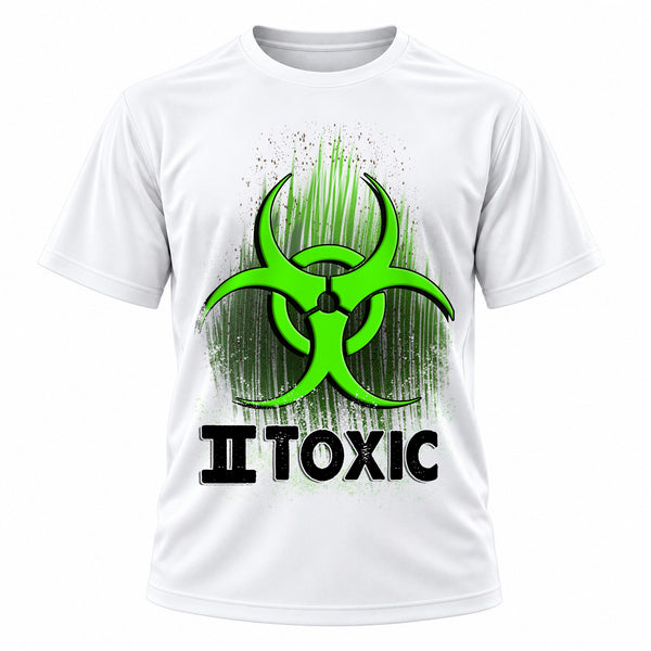 Personalized Toxic Logo T-Shirt, front-view T-shirt mockup featuring custom Air-Volution artwork by Mythic Airbrush
