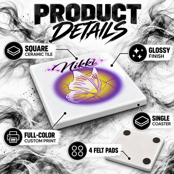 I001 Butterfly ceramic coaster by Mythic Airbrush, original Air-Volution design — product image 3