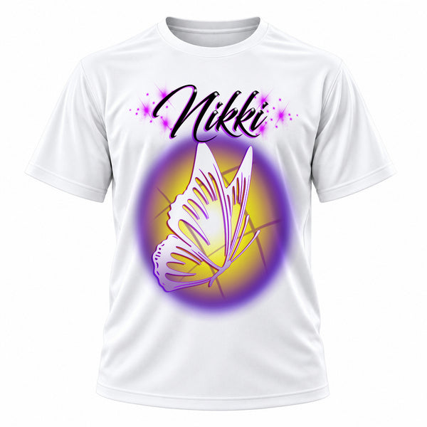 Personalized Butterfly T-Shirt, front-view T-shirt mockup featuring custom Air-Volution artwork by Mythic Airbrush