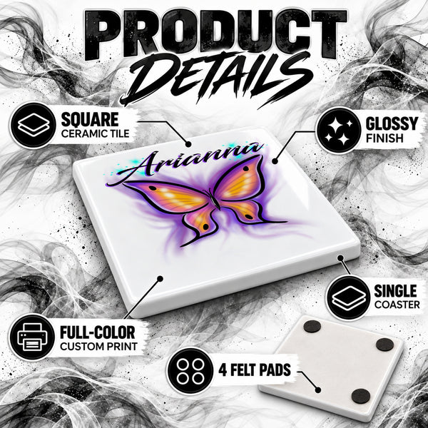 I002 Butterfly ceramic coaster by Mythic Airbrush, original Air-Volution design — product image 3