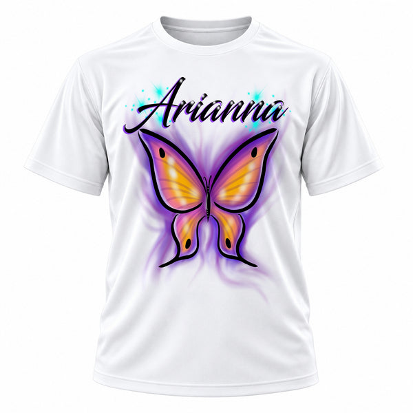 Personalized Butterfly T-Shirt, front-view T-shirt mockup featuring custom Air-Volution artwork by Mythic Airbrush