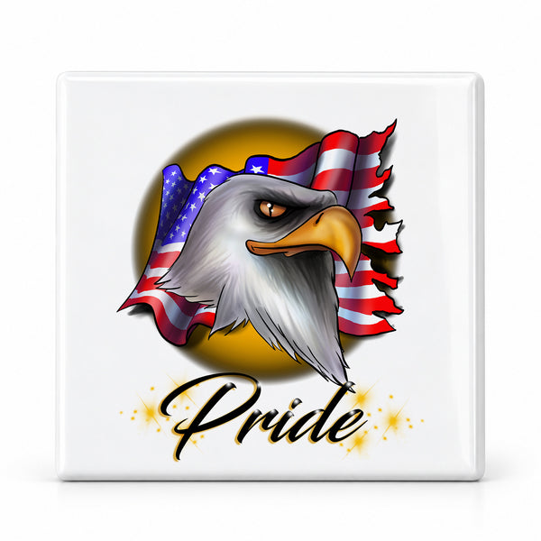 I003 American Flag Bald Eagle ceramic coaster by Mythic Airbrush, original Air-Volution design — main image