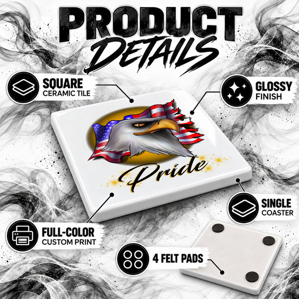 I003 American Flag Bald Eagle ceramic coaster by Mythic Airbrush, original Air-Volution design — product image 3