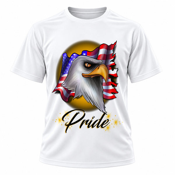 Personalized American Flag Bald Eagle T-Shirt, front-view T-shirt mockup featuring custom Air-Volution artwork by Mythic Airbrush