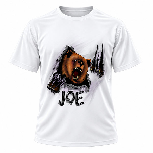 Personalized Angry Bear T-Shirt, front-view T-shirt mockup featuring custom Air-Volution artwork by Mythic Airbrush