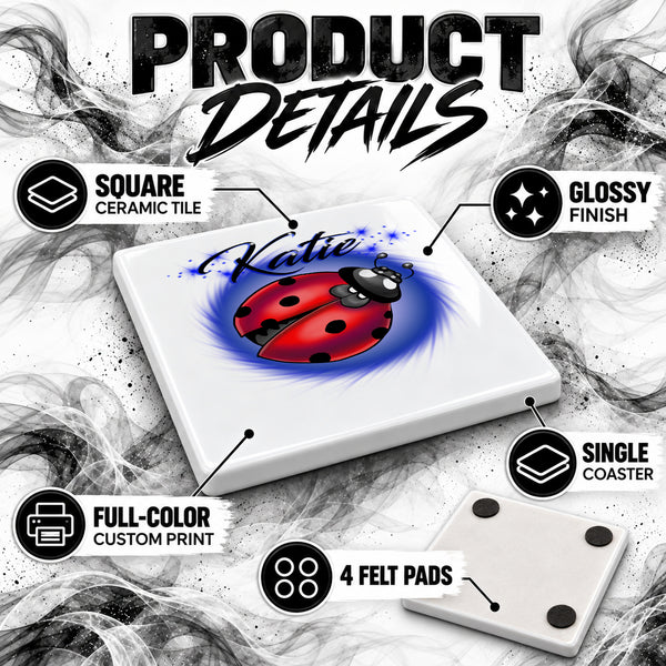 I007 Ladybug ceramic coaster by Mythic Airbrush, original Air-Volution design — product image 3