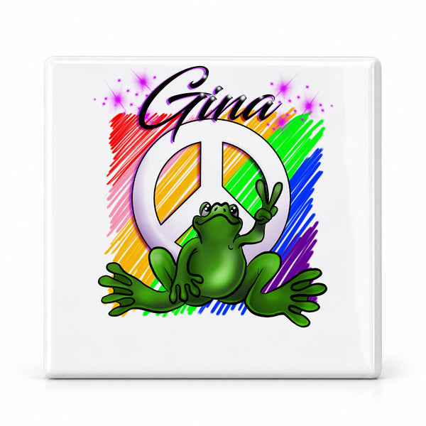 I009 Peace Frog ceramic coaster by Mythic Airbrush, original Air-Volution design — main image