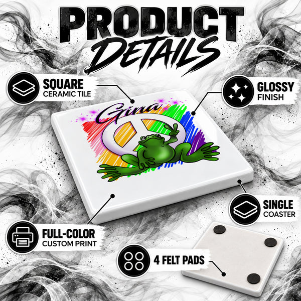 I009 Peace Frog ceramic coaster by Mythic Airbrush, original Air-Volution design — product image 3