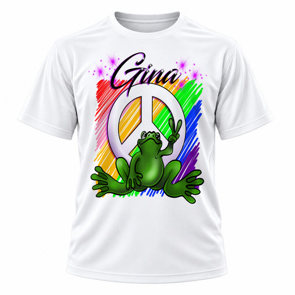 Personalized Peace Frog T-Shirt, front-view T-shirt mockup featuring custom Air-Volution artwork by Mythic Airbrush
