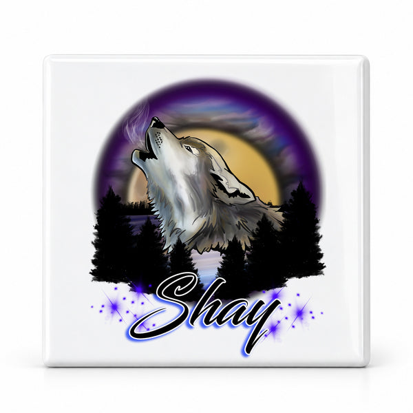 I011 Howling Wolf ceramic coaster by Mythic Airbrush, original Air-Volution design — main image