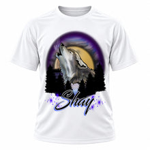 Personalized Howling Wolf T-Shirt, front-view T-shirt mockup featuring custom Air-Volution artwork by Mythic Airbrush