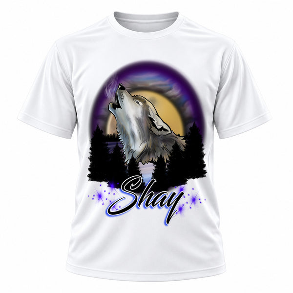 Personalized Howling Wolf T-Shirt, front-view T-shirt mockup featuring custom Air-Volution artwork by Mythic Airbrush
