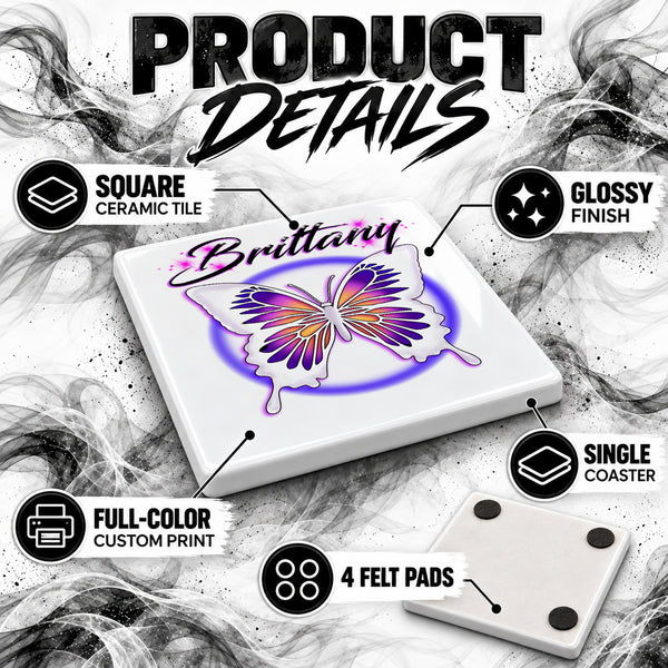 I012 Butterfly ceramic coaster by Mythic Airbrush, original Air-Volution design — product image 3