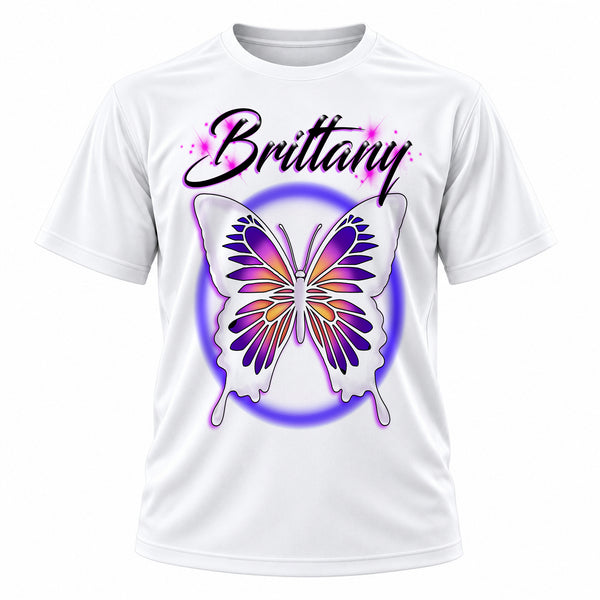 Personalized Butterfly T-Shirt, front-view T-shirt mockup featuring custom Air-Volution artwork by Mythic Airbrush