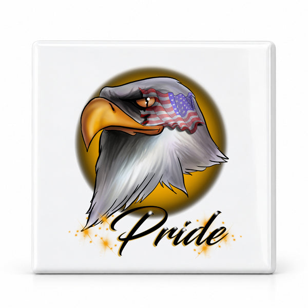 I013 American Flag Bald Eagle ceramic coaster by Mythic Airbrush, original Air-Volution design — main image