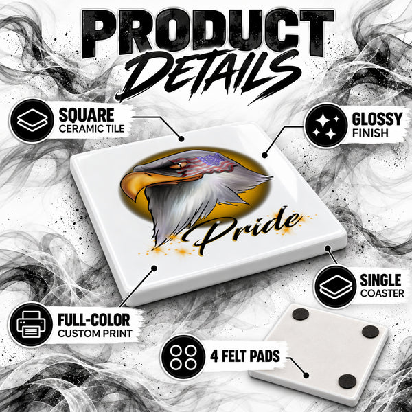 I013 American Flag Bald Eagle ceramic coaster by Mythic Airbrush, original Air-Volution design — product image 3