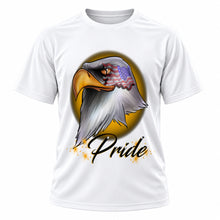 Personalized American Flag Bald Eagle T-Shirt, front-view T-shirt mockup featuring custom Air-Volution artwork by Mythic Airbrush