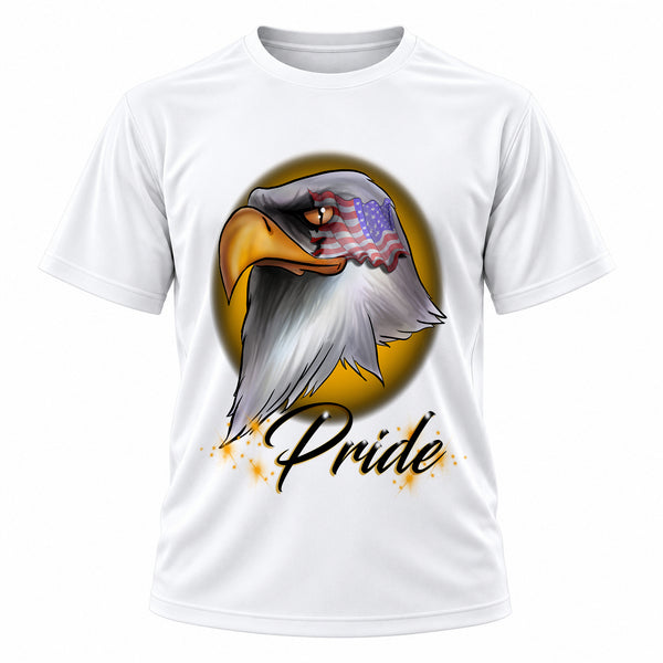 Personalized American Flag Bald Eagle T-Shirt, front-view T-shirt mockup featuring custom Air-Volution artwork by Mythic Airbrush