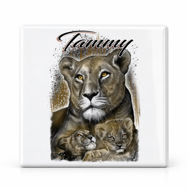 I014 Tiger and cub ceramic coaster by Mythic Airbrush, original Air-Volution design — main image
