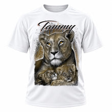 Personalized Tiger and cub T-Shirt, front-view T-shirt mockup featuring custom Air-Volution artwork by Mythic Airbrush