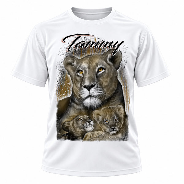 Personalized Tiger and cub T-Shirt, front-view T-shirt mockup featuring custom Air-Volution artwork by Mythic Airbrush
