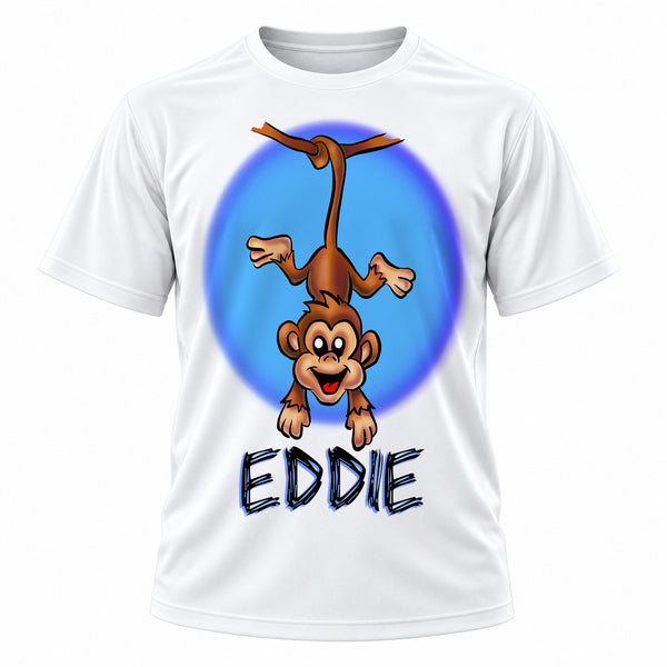 Personalized Monkey T-Shirt, front-view T-shirt mockup featuring custom Air-Volution artwork by Mythic Airbrush