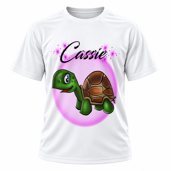 Personalized Turtle T-Shirt, front-view T-shirt mockup featuring custom Air-Volution artwork by Mythic Airbrush