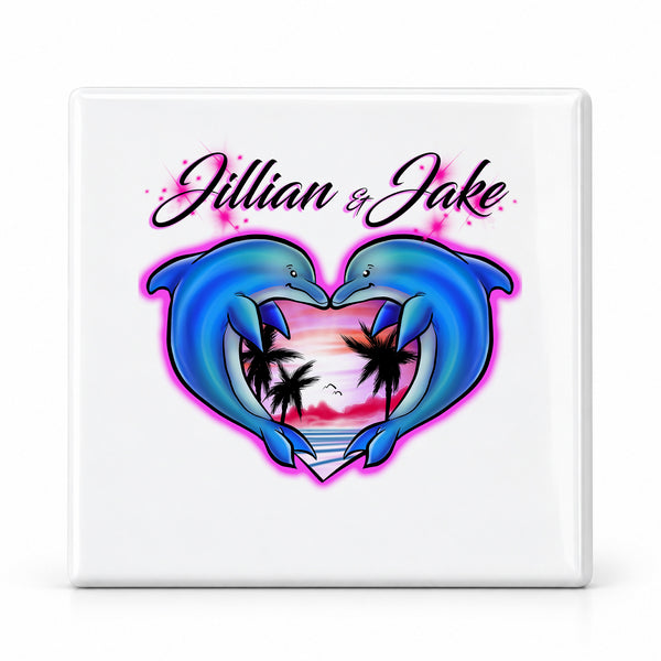 I018 Dolphin Heart ceramic coaster by Mythic Airbrush, original Air-Volution design — main image