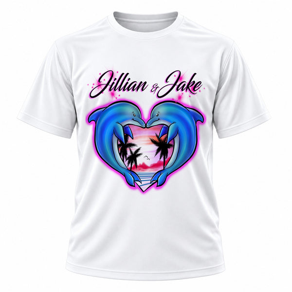 Personalized Dolphin Heart T-Shirt, front-view T-shirt mockup featuring custom Air-Volution artwork by Mythic Airbrush