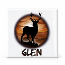 I019 Deer Hunting ceramic coaster by Mythic Airbrush, original Air-Volution design — main image