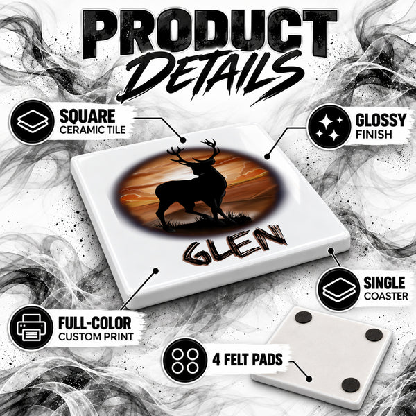 I019 Deer Hunting ceramic coaster by Mythic Airbrush, original Air-Volution design — product image 3