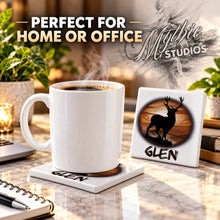 I019 Deer Hunting ceramic coaster by Mythic Airbrush, original Air-Volution design — product image 4