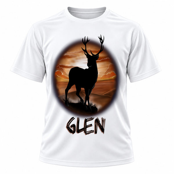 Personalized Deer Hunting T-Shirt, front-view T-shirt mockup featuring custom Air-Volution artwork by Mythic Airbrush