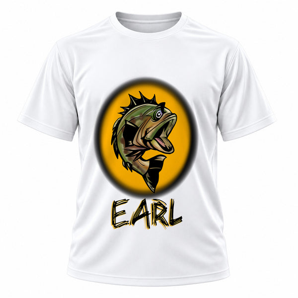 Personalized Bass Fishing T-Shirt, front-view T-shirt mockup featuring custom Air-Volution artwork by Mythic Airbrush