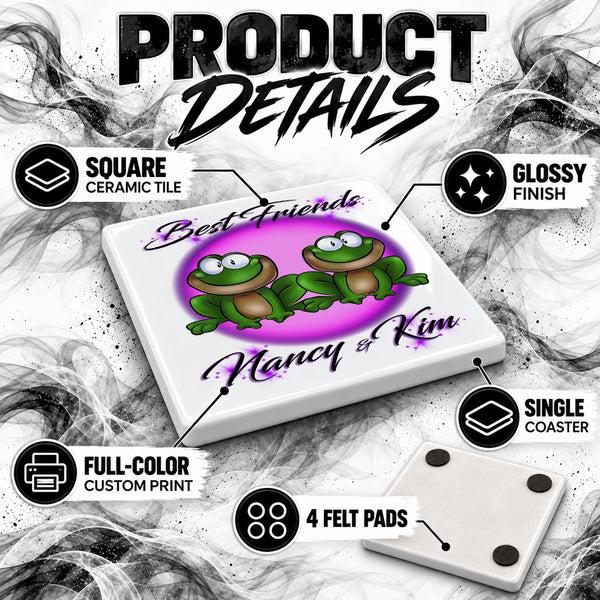 I022 Best Friend Frogs ceramic coaster by Mythic Airbrush, original Air-Volution design — product image 3