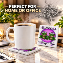 I022 Best Friend Frogs ceramic coaster by Mythic Airbrush, original Air-Volution design — product image 4
