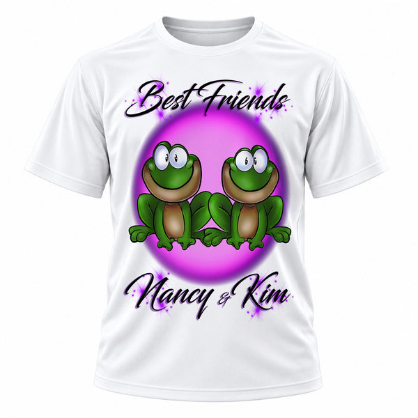 Personalized Best Friend Frogs T-Shirt, front-view T-shirt mockup featuring custom Air-Volution artwork by Mythic Airbrush