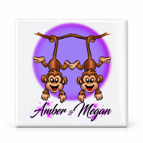 I023 Best Friend Monkeys ceramic coaster by Mythic Airbrush, original Air-Volution design — main image