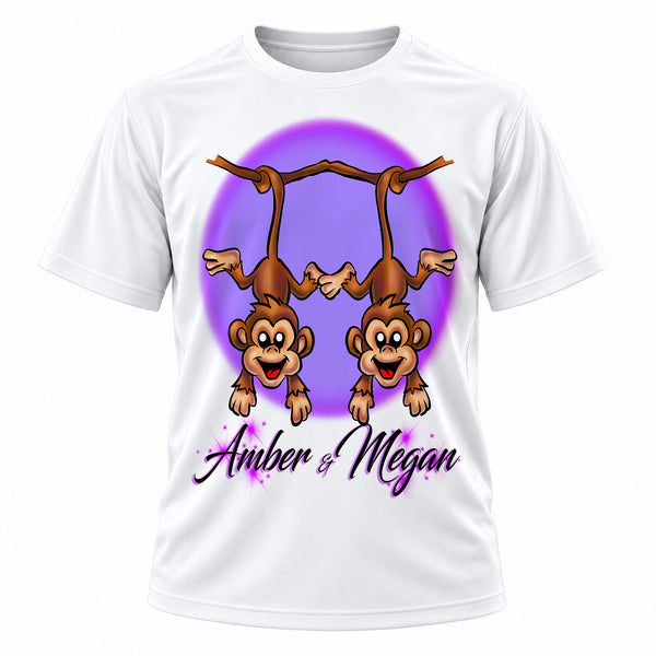 Personalized Best Friend Monkeys T-Shirt, front-view T-shirt mockup featuring custom Air-Volution artwork by Mythic Airbrush