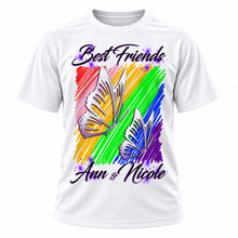 Personalized Best Friend Butterflies T-Shirt, front-view T-shirt mockup featuring custom Air-Volution artwork by Mythic Airbrush