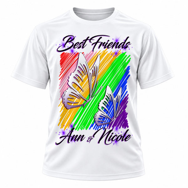 Personalized Best Friend Butterflies T-Shirt, front-view T-shirt mockup featuring custom Air-Volution artwork by Mythic Airbrush