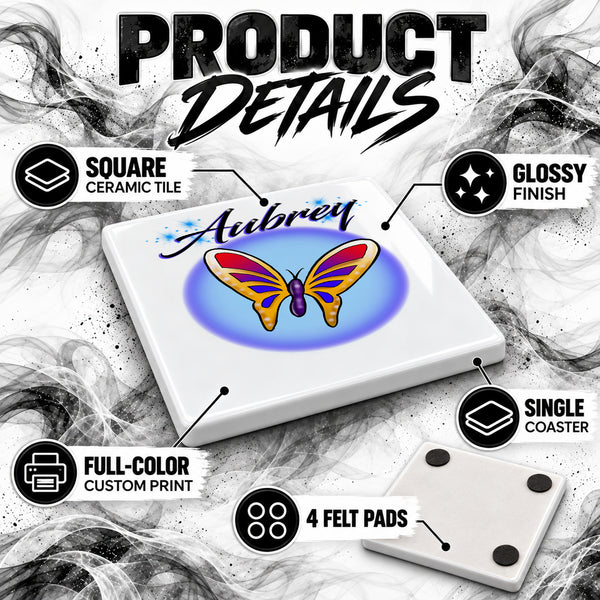 I026 Butterfly ceramic coaster by Mythic Airbrush, original Air-Volution design — product image 3